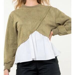 ANTHROPOLOGIE‎ THML Olive Green Faux Suede White Poplin Contrast L/S Top EUC M
